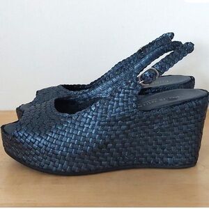 Pons Quintana Retro Woven Leather Metallic Square Toe Platform Sandal